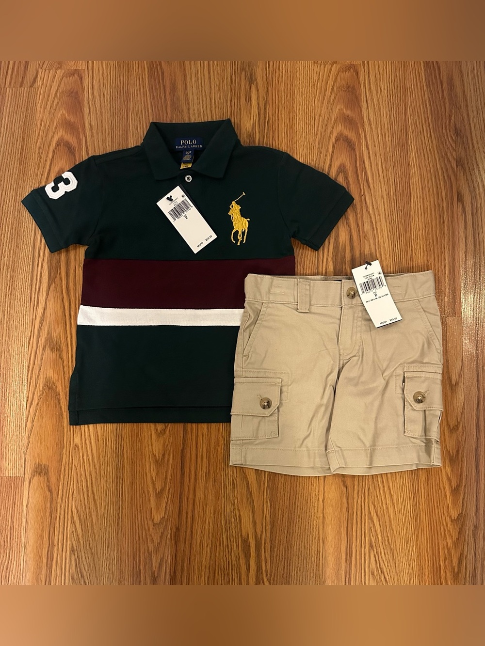 Polo Ralph Lauren Boy’s Striped Big Pony Cotton Mesh Polo Shirt & Cargo Short,2T